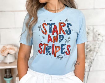 Stars and Stripes Shirt, Cute Doodle Patriotic Tee, 4th of July Women’s Graphic Top, USA Flag Summer Shirt