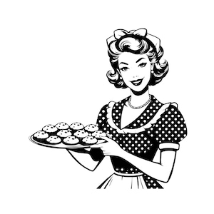Retro Housewife Clipart Vintage Woman PNG Cooking Baking SVG Baker Cook Chef Girl Cartoon Illustration Commercial Use Vector Image