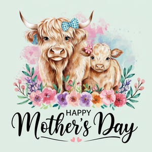 Feliz día de la madre PNG, descarga de diseño de sublimación del día de la madre, clipart floral de mamá, PNG del día de la madre de vaca de las tierras altas, diseños de sublimación de mamá