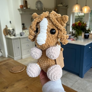 May include: A handmade crochet horse plushie in shades of brown and cream. The horse has a white stripe down its face, large black eyes, and fluffy, rounded features. The plushie is held in a person's hand.