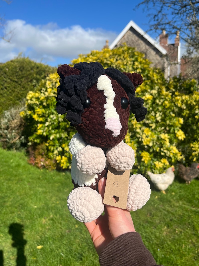 May include: A handmade crochet horse plushie in shades of brown, black, white, and pink. The plushie has a fluffy mane and tail, with a small tag attached. The horse is held in front of a green grassy background.