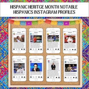 Tablón de anuncios editable de perfiles de Instagram del Mes de la Herencia Hispana, diapositivas de Google de personajes hispanos notables para imprimir, póster de decoración del aula