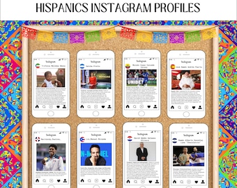 May include: A corkboard with six Instagram profile screenshots featuring notable Hispanic individuals. Each screenshot includes a profile picture, username, and a brief description of the person. The usernames are: Trifilia Malines Ohono, Setsha Pretts, Michelle Isaac Calcedo Garcia, Jose Ramon Andres Puerta, Marileidy Paulino, and David Addo Galiano Olivera.