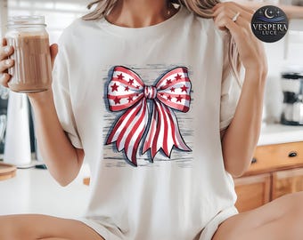 4th of July Bow Shirt, Coquette Patriotic USA Flag Tee