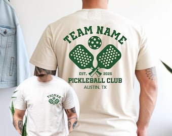 Camiseta personalizada para equipo de pickleball, ropa personalizada para el día del partido, paletas y pelota.
