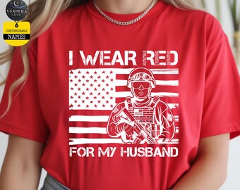 Camiseta "Llevo rojo por mi marido", camiseta "Recuerdo a todos los que están desplegados", camisetas "Viernes rojo"