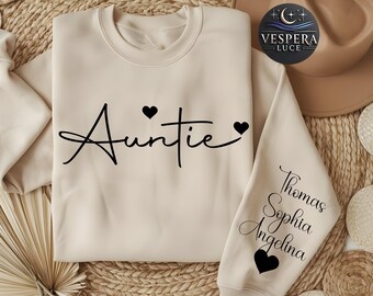 Personalized Auntie Sweatshirt, Custom Name Aunt Crewneck Gift, Name on Sleeve