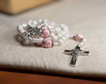 White and Pink Floral Porcelain Rosary with Stainless Steel Accents