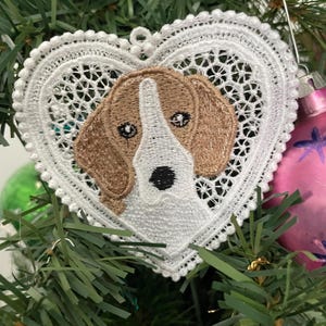 Beagle Dog Lace Ornament: Free Standing Embroidery Keepsake, Pet Lover Christmas Decor