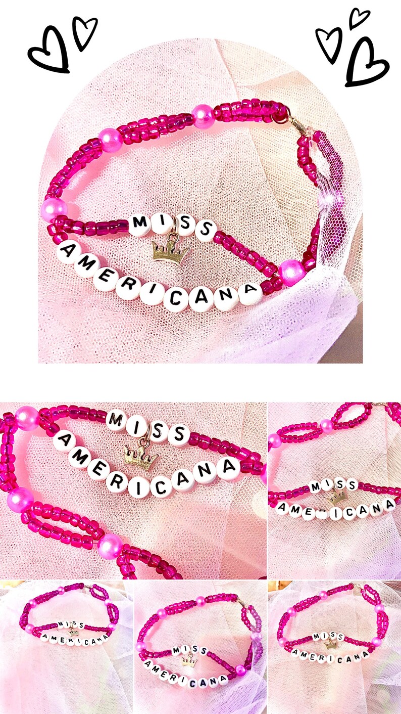 This "Miss Americana" bracelet, inspired by Taylor Swift, features vibrant pink beads and pearls, with a crown charm symbolizing her iconic status. handcrafted accessory celebrating the spirit of Swift's music and is perfect for fans and collectors.