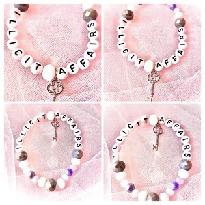 This white, grey, and purple glass beaded bracelet, inspired by Swift's "Illicit Affairs," embodies the song's emotional depth and intrigue. A handcrafted accessory for Swifties, captures the haunting beauty of *Folklore*