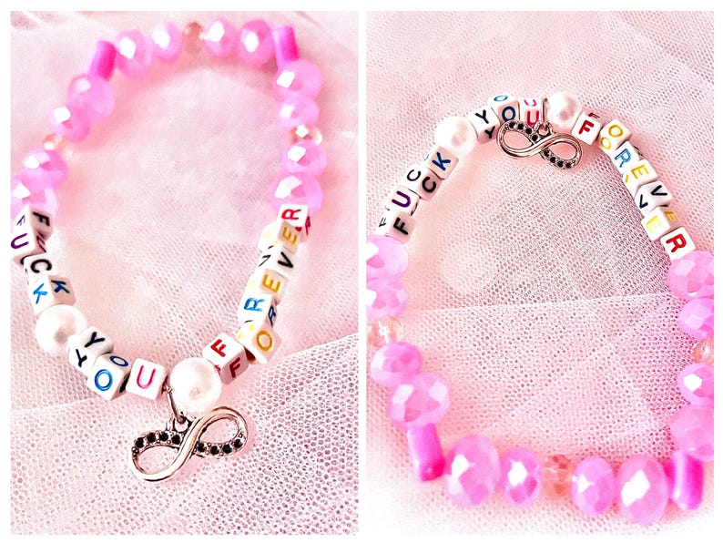 Embrace the fierce spirit of Taylor Swift’s *folklore* with this pink beaded bracelet, featuring an infinity sign charm, inspired by the line "f*ck you forever" from "Mad Woman." A perfect symbol of strength and enduring resilience for any Swiftie.