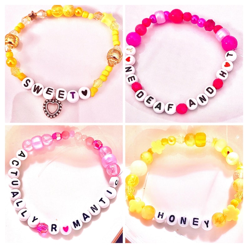 Celebrate the golden charm of Taylor Swift’s The Showgirl era with this yellow beaded “Sweet❤️” bracelet, inspired by her song “Honey” and the heartfelt line, “When anyone called me sweetheart.” Featuring a delicate heart charm, this bracelet captures the warmth, vulnerability, and vintage elegance of the lyric’s nostalgic tone. Perfect for Swifties who adore Taylor’s soft, romantic storytelling, this bracelet adds a meaningful, feminine touch to any outfit or bracelet stack.