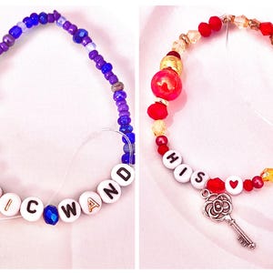 featuring three Taylor Swift–inspired bracelets from The Life of a Showgirl: “ur magic wand,” “his ❤️” with a key charm, and “it sounds cocky.” Inspired by her sultry song “Wood,” rumored to reference Kansas City Chiefs’ Travis Kelce, these bracelets capture the lyrics “Redwood tree, it ain’t hard to see his love was the key that opened my skies” and “The spell was broken by your magic wand.” A perfect tribute to Taylor’s romantic rebirth and enchanting storytelling in her Showgirl era.