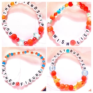A vibrant collage of four handmade Taylor Swift The Life of a Showgirl inspired friendship bracelets. Featured designs include Ruin the Friendship, Father Figure, Wi$h Li$t, and Eldest Daughter. Each elastic bracelet is crafted with orange, green, and teal glass and plastic beads, accented with letter beads. Perfect Swiftie jewelry, concert accessories, or gifts for fans. Trendy beaded bracelets for stacking, gifting, and celebrating Taylor Swift’s newest album era