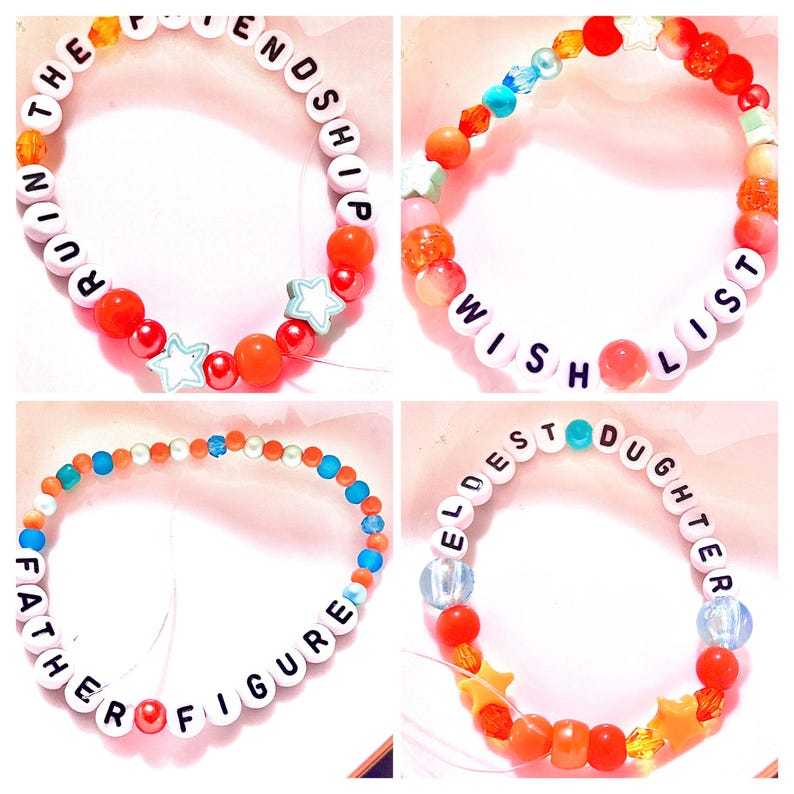 A vibrant collage of four handmade Taylor Swift The Life of a Showgirl inspired friendship bracelets. Featured designs include Ruin the Friendship, Father Figure, Wi$h Li$t, and Eldest Daughter. Each elastic bracelet is crafted with orange, green, and teal glass and plastic beads, accented with letter beads. Perfect Swiftie jewelry, concert accessories, or gifts for fans. Trendy beaded bracelets for stacking, gifting, and celebrating Taylor Swift’s newest album era
