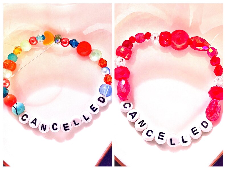 A collage featuring two handmade Taylor Swift The Life of a Showgirl inspired friendship bracelets. Both designs spell “Cancelled!” with letter beads, reflecting the bold album track. One bracelet is bright orange with green/teal accents, while the other is striking red. Crafted with elastic, glass, and plastic beads, these trendy Swiftie bracelets make perfect jewelry gifts, concert accessories, or collectible fan merch from Taylor Swift’s newest era