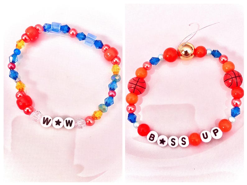 A vibrant collage featuring two Taylor Swift–inspired bracelets from The Life of a Showgirl: one orange “Boss Up” and one teal “Wow.” Inspired by her song “Wish List,” these bracelets capture the energy of the lyrics “Got me dreaming about a driveway with a basketball hoop” and “Boss up, settle down, I just want you.” Together, they embody ambition, love, and confidence—perfect for Swifties celebrating Taylor’s playful nods to romance and empowerment in her Showgirl era.