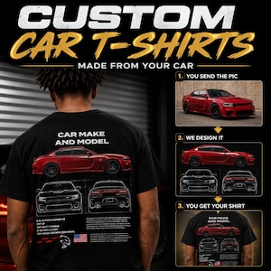Custom Car Spec Tee - Gepersonaliseerd shirt met automodel, ontwerp naar eigen wens aan te passen met autospecificaties, unisex kleding voor autoliefhebbers