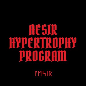 Puede incluir: Texto rojo sobre fondo negro que dice "AESIR HYPERTROPHY PROGRAM" con "FM4IR" debajo en una fuente diferente.