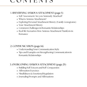 May include: A page titled "CONTENTS" with a list of topics related to anxious attachment, communication, and overcoming anxious attachment. The topics include self-assessment, communication styles, and journaling prompts. The text is in a serif font.