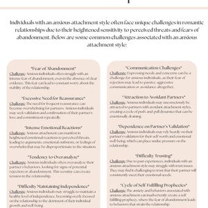 May include: A page titled "Common Challenges in Romantic Relationships" lists challenges associated with anxious attachment styles. The text includes "Fear of Abandonment," "Communication Challenges," and "Difficulty Trusting." The website address is info@healingheartsva.com.