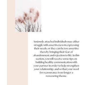 May include: A page from a publication with a minimalist design. The top features a cluster of pink, feathery plants against a white background. Text on the right discusses communication and relationships. The bottom left corner has the website info@healingheartsva.com.