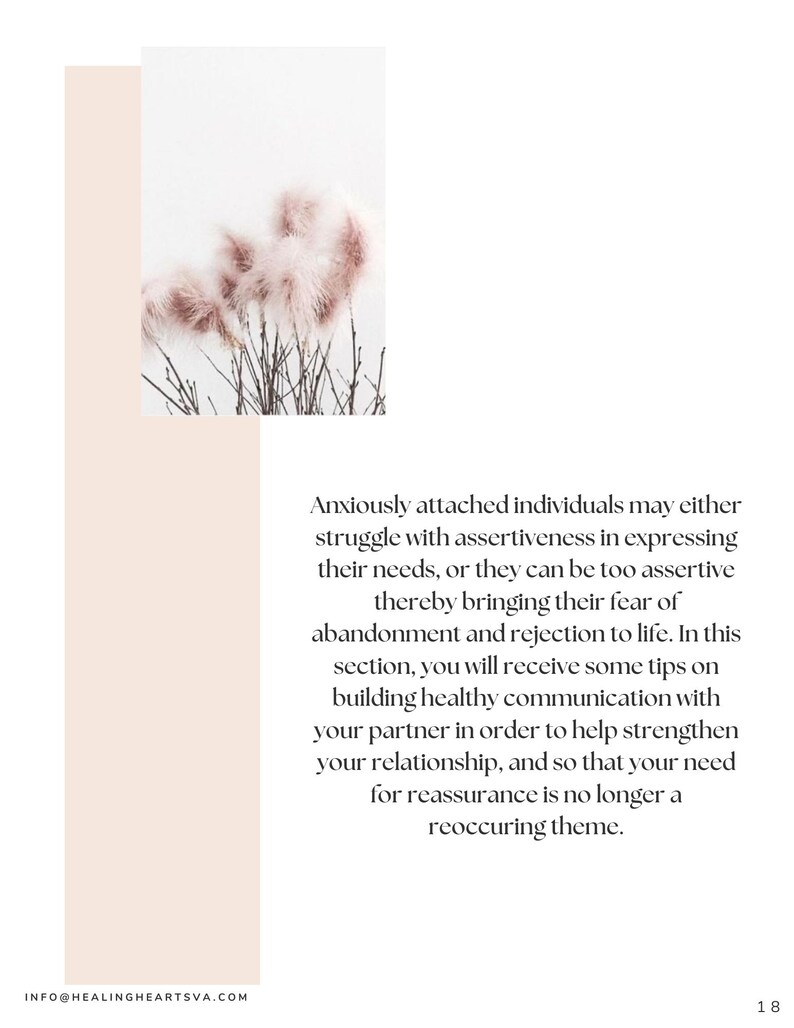 May include: A page from a publication with a minimalist design. The top features a cluster of pink, feathery plants against a white background. Text on the right discusses communication and relationships. The bottom left corner has the website info@healingheartsva.com.