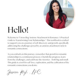 May include: A white page with the word "Hello!" in a large, elegant font. The text below introduces a practical guide for transforming relationships, with a photo of a smiling woman in a red top. The guide is for self-love and romantic connections.