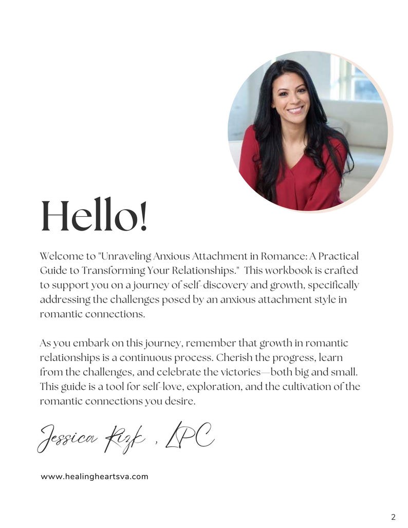 May include: A white page with the word "Hello!" in a large, elegant font. The text below introduces a practical guide for transforming relationships, with a photo of a smiling woman in a red top. The guide is for self-love and romantic connections.