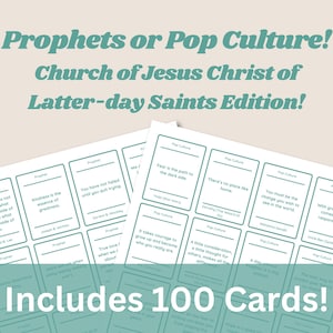 Może przedstawiać: Zestaw 100 białych kart z czarnym tekstem, podzielonych na dwie kategorie: Prorocy i Popkultura. Karty są częścią gry dla Kościoła Jezusa Chrystusa Świętych w Dniach Ostatnich. Tekst na kartach zawiera cytaty proroków i popkultury.