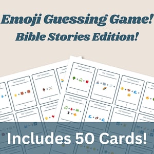 May include: A game set with cards featuring emoji puzzles related to Bible stories. The cards are white with black text and emoji graphics. The text "Emoji Guessing Game! Bible Stories Edition!" is at the top, and "Includes 50 Cards!" is at the bottom.
