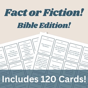 Puede incluir: Un juego de 120 cartas blancas con texto negro, diseñado para un juego con temática bíblica llamado "¡Verdad o Ficción!" Las cartas presentan afirmaciones sobre la Biblia, algunas verdaderas y otras falsas. Las cartas están dispuestas en una cuadrícula, con el texto "¡Incluye 120 cartas!" en la parte inferior.