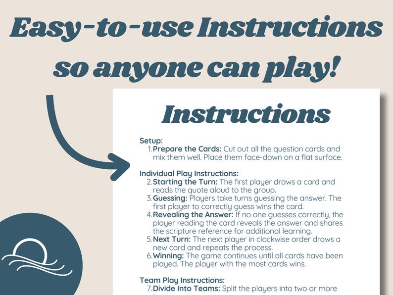 May include: Instructions for a game with a blue and white sun and wave logo. The instructions include setting up the game, individual play instructions, and team play instructions.