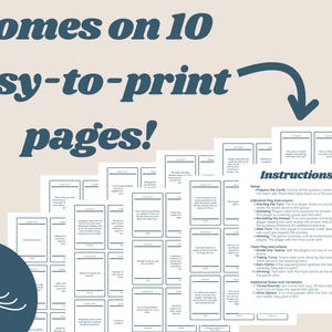 May include: Printable game cards with instructions for a trivia game. The cards are black and white and feature a simple design. The instructions include setup, individual play, team play, and additional rules.