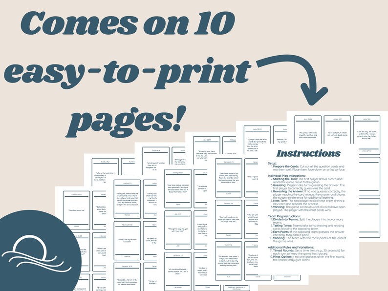 May include: Printable game cards with instructions for a trivia game. The cards are black and white and feature a simple design. The instructions include setup, individual play, team play, and additional rules.