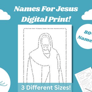 Puede incluir: Una impresión digital que presenta la silueta de una figura formada por más de 80 nombres para Jesús. El texto incluye títulos como El Camino, La Verdad y La Vida. El diseño se presenta sobre un fondo blanco con otras impresiones pequeñas.