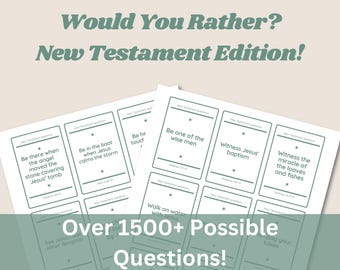 May include: A set of white cards with black text, featuring questions based on the New Testament. The text on the cards includes phrases like "Be there when the angel moved the stone covering Jesus' tomb" and "Witness Jesus' baptism". The cards are arranged in a grid pattern on a light brown background. The text "Over 1500+ Possible Questions!" is displayed in a green box at the bottom of the image.