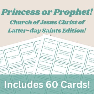 May include: A set of 60 white cards with teal borders, each featuring a quote from a Latter-day Saint prophet. The cards are arranged in a grid pattern and the text "Includes 60 Cards!" is displayed at the bottom of the image.