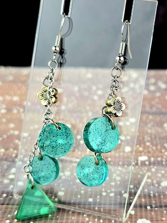 Green Resin Dangle Stainless Steel Hook Style Earrings