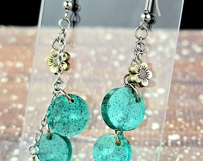 Green Resin Dangle Stainless Steel Hook Style Earrings