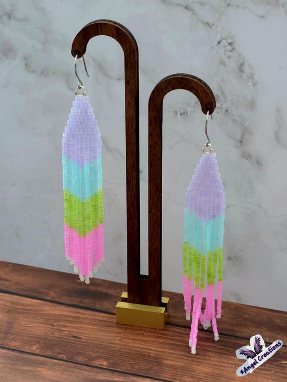 Light Purple, Blue, Green, & Pink Bead Fringe Dangling Earrings