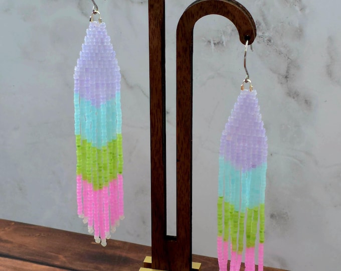 Light Purple, Blue, Green, & Pink Bead Fringe Dangling Earrings