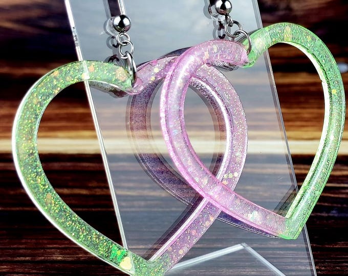 Green & Pink Heart Shaped Hoop Earrings