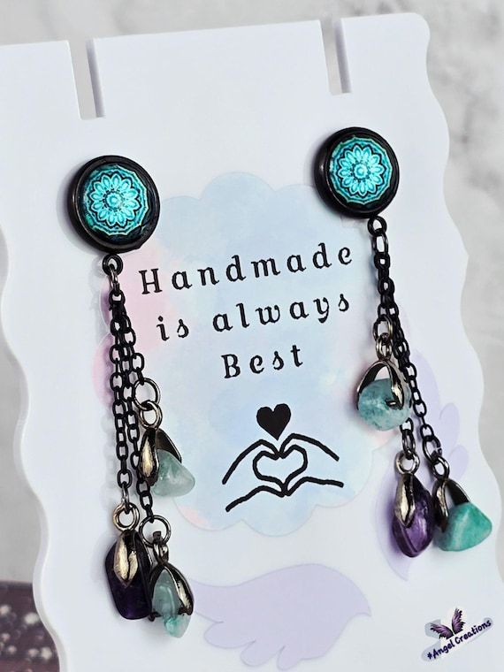 Teal Bezel Dome Post Stud Earrings with Chains