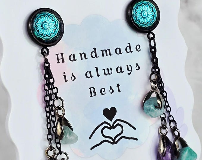 Teal Bezel Dome Post Stud Earrings with Chains