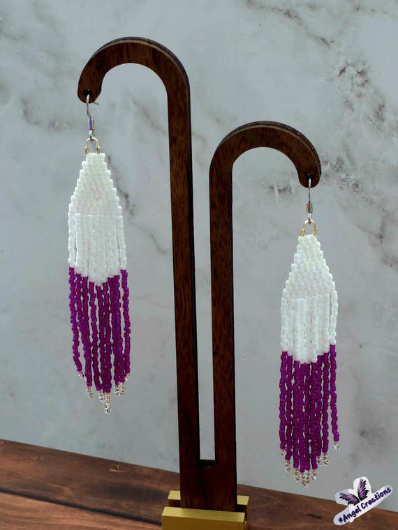 Handmade White & Purple Miyuki Fringe Dangly Bead Earrings