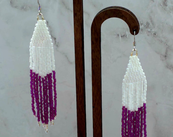 Handmade White & Purple Miyuki Fringe Dangly Bead Earrings