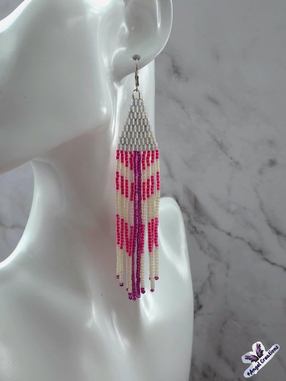 Pink & White Miyuki Delica Bead Fringe Dangly Earrings