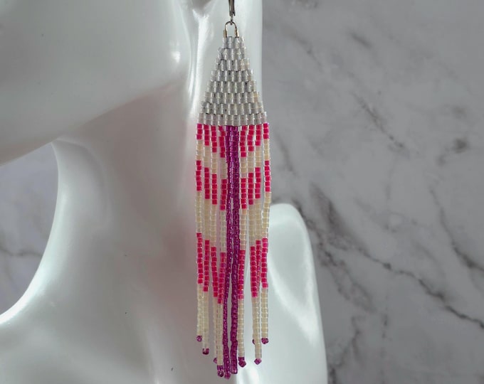 Pink & White Miyuki Delica Bead Fringe Dangly Earrings